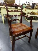 A SET OF SIX GEO.III.STYLE MAHOGANY DINING CHAIRS WITH PIERCED LADDER BACKS.