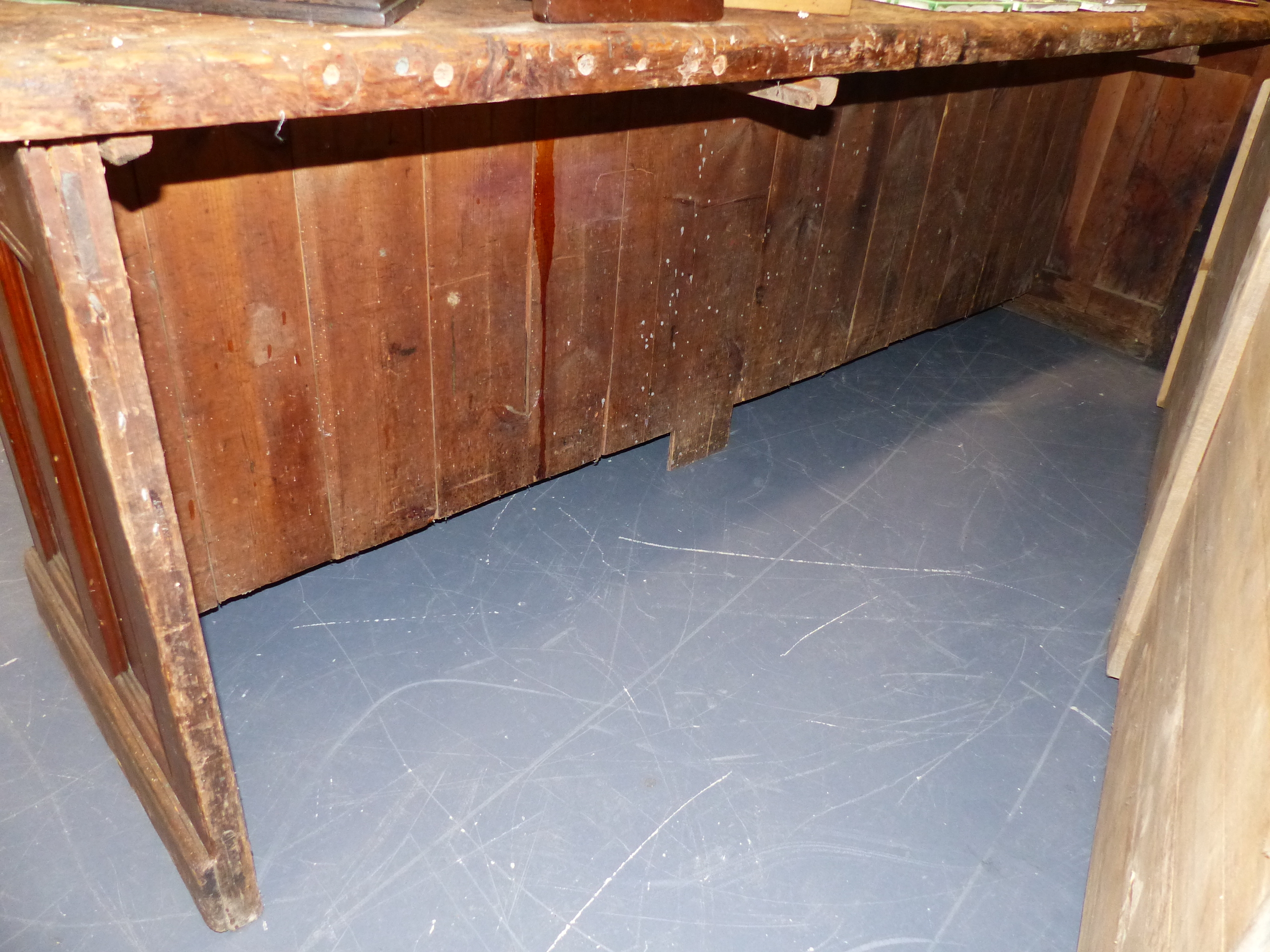 AN ANTIQUE PINE SHOP COUNTER WITH SIX GLAZED PANEL DOORS ENCLOSING SHELVES. W.244 x D.68 x H.83cms. - Image 14 of 16