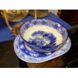 A BLUE AND WHITE WEDGWOOD POTTERY FALLOW DEER LARGE DISH, A MEAT PLATE BY ANOTHER MAKER AND A DEEP