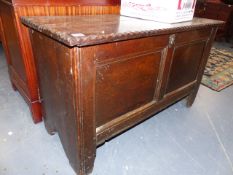 AN 18th.C.OAK PANEL FRONT SMALL COFFER. W.102cms.