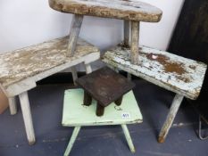 A GROUP OF FIVE RUSTIC FOOTSTOOLS.