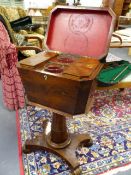 AN EARLY 19th.C.YEW WOOD TEAPOY WITH FOUR CADDY INTERIOR AND TWO MIXING BOWLS.