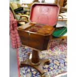 AN EARLY 19th.C.YEW WOOD TEAPOY WITH FOUR CADDY INTERIOR AND TWO MIXING BOWLS.