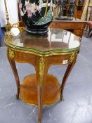 AN ANTIQUE FRENCH PARQUETRY INLAID AND BRASS MOUNTED TWO TIER OCCASIONAL TABLE WITH LEATHER INSET