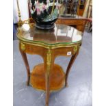 AN ANTIQUE FRENCH PARQUETRY INLAID AND BRASS MOUNTED TWO TIER OCCASIONAL TABLE WITH LEATHER INSET