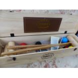 A JAQUES, LONDON CROQUET SET IN PINE BOX, IN NEAR NEW CONDITION.