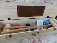 A JAQUES, LONDON CROQUET SET IN PINE BOX, IN NEAR NEW CONDITION.