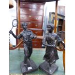 A PAIR OF BRONZE FIGURES OF TENNIS PLAYERS, SIGNED MODERN CASTS. H.40cms.