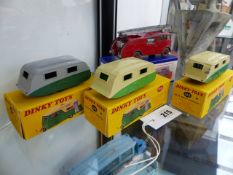 THREE DINKY 188 CARAVANS AND A DINKY 555 FIRE ENGINE.