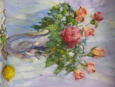 ALEXANDER kOLOTILOV (RUSSIAN 1946-) (ARR) TWO FLORAL STILL LIFES, SIGNED, BOTH INSCRIBED ON REVERSE,