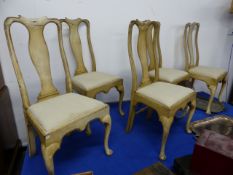 A SET OF FIVE GEO.I STYLE DINING CHAIRS ON CABRIOLE LEGS AND WITH PAINT DECORATION.