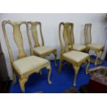 A SET OF FIVE GEO.I STYLE DINING CHAIRS ON CABRIOLE LEGS AND WITH PAINT DECORATION.