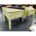 AN UNUSUAL LARGE PAIR OF PINE SCULLERY OR PREP TABLES EACH WITH SCRUBBED PINE TOP AND FOUR DRAWERS