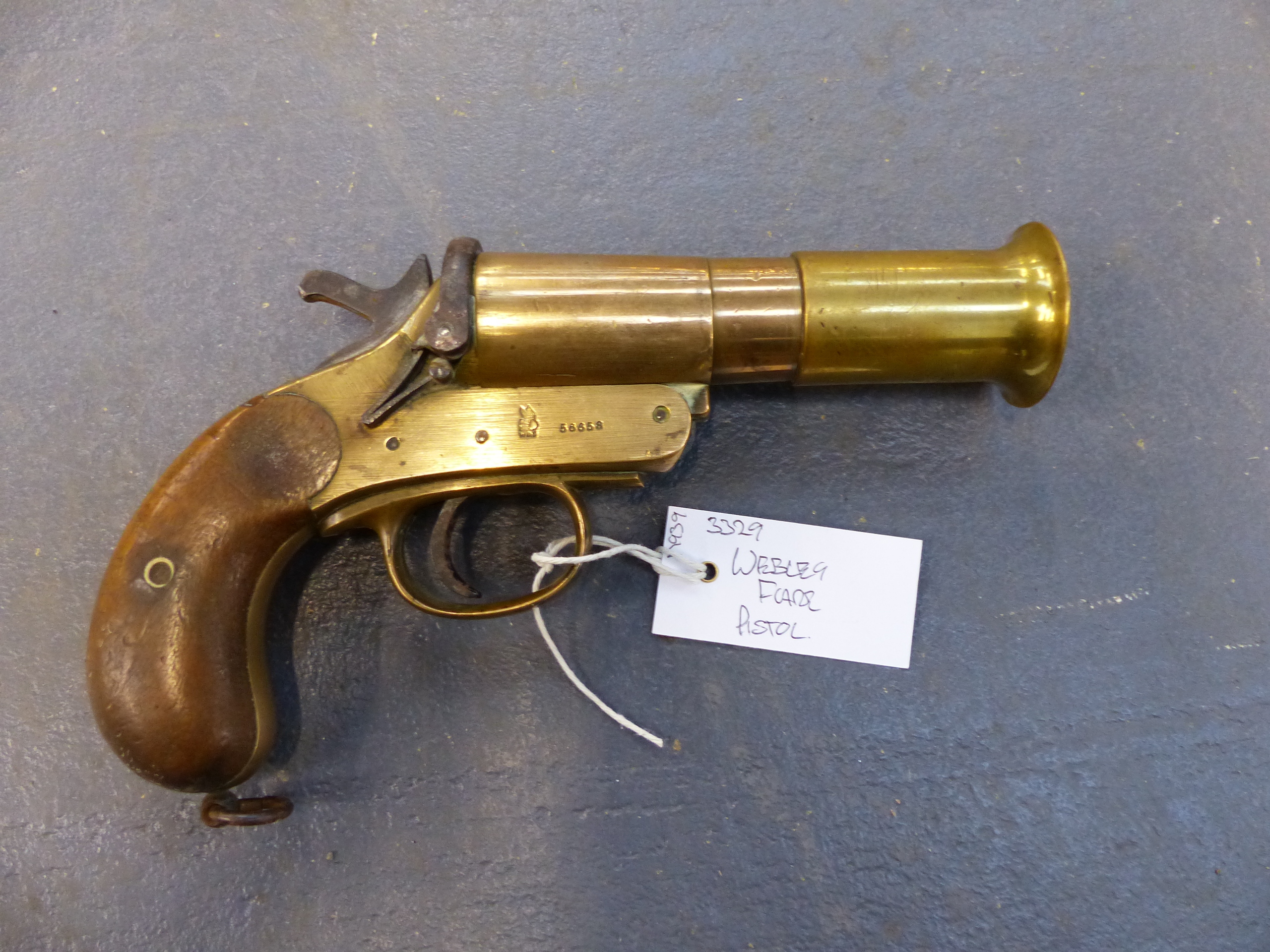 FLARE PISTOL. WEBLEY & SCOTT 1 1/4 INCH. SERIAL NUMBER 56658. FAC OR RFD CERTIFICATE REQUIRED