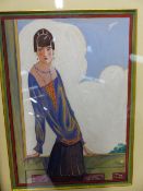 EARLY 20th.C. ENGLISH SCHOOL, PORTRAIT OF A 1920'S SOCIETY LADY ON A BALCONY INITIALLED EB AND DATED