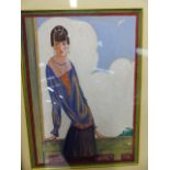 EARLY 20th.C. ENGLISH SCHOOL, PORTRAIT OF A 1920'S SOCIETY LADY ON A BALCONY INITIALLED EB AND DATED