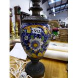 AN ANTIQUE MAJOLICA BALUSTER VASE WITH BRONZE MOUNTS FITTED AS A LAMP. OVERALL H.52cms.