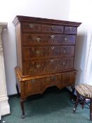 AN 18th.C.AND LATER WALNUT AND CROSS BANDED CHEST OF DRAWERS ON ON THREE DRAWER BASE STAND RAISED ON