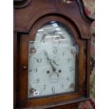 A LATE GEORGIAN OAK CASED LONG CASE CLOCK WITH 8-DAY BELL STRIKE MOVEMENT AND 33cms ARCH TOP PAINTED