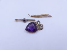 A PRECIOUS YELLOW METAL DIAMOND AND SAPPHIRE BAR BROOCH TOGETHER WITH AN AMETHYST AND PEARL