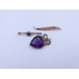 A PRECIOUS YELLOW METAL DIAMOND AND SAPPHIRE BAR BROOCH TOGETHER WITH AN AMETHYST AND PEARL