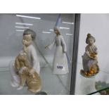 THREE LLADRO PORCELAIN FIGURES, THE ORANGE GIRL, A CHILD WITH A DOG AND A PRINCESS. H. LARGEST
