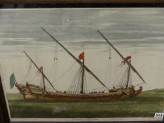 AN ANTIQUE HAND COLOURED DUTCH PRINT OF A NAVAL WARSHIP GALEASSE A LA RAME. 44 x 55cms.