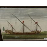 AN ANTIQUE HAND COLOURED DUTCH PRINT OF A NAVAL WARSHIP GALEASSE A LA RAME. 44 x 55cms.