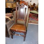AN 18th.C.AND LATER OAK PANEL BACK HALL CHAIR.