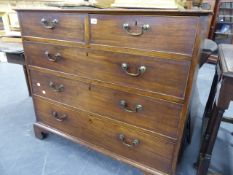 A LATE GEORGIAN MAHOGANY CHEST OF TWO SHORT AND THREE LONG GRADUATED DRAWERS ON BRACKET FEET. W.