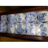 TEN ANTIQUE BLUE AND WHITE DELFT TILES, EACH WITH FIGURAL DECORATION FRAMED AS A SINGLE PANEL.