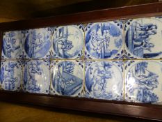 TEN ANTIQUE BLUE AND WHITE DELFT TILES, EACH WITH FIGURAL DECORATION FRAMED AS A SINGLE PANEL.