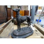 A BRONZE FIGURE OF A LURCHER IN THE FRENCH ANIMALIER MANNER, SIGNED MODERN CAST AND ON MARBLE