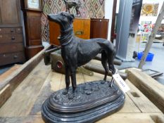 A BRONZE FIGURE OF A LURCHER IN THE FRENCH ANIMALIER MANNER, SIGNED MODERN CAST AND ON MARBLE