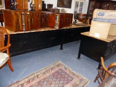 TWO LARGE PINE TOPPED IRON FRAMED KITCHEN WORK UNITS EACH WITH EIGHT DOORS. H.79.5 x W.372 x D.