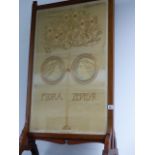 AN ARTS AND CRAFTS WALNUT FRAMED SILK EMBROIDERED FIRE SCREEN PANEL, FLORA AND THE ZEPHYR.