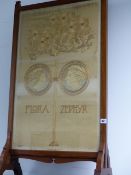 AN ARTS AND CRAFTS WALNUT FRAMED SILK EMBROIDERED FIRE SCREEN PANEL, FLORA AND THE ZEPHYR.