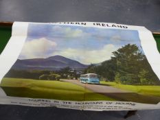 A LARGE VINTAGE COLOUR TRAVEL POSTER FOR NORTHERN IRELAND TOURING IN THE MOUNTAINS OF MOURNE,