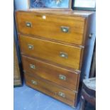 A VICTORIAN STYLE BRASS MOUNTED CAMPAIGN TYPE TWO PART CHEST WITH FOUR DEEP DRAWERS. W.81 x H.