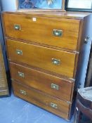 A VICTORIAN STYLE BRASS MOUNTED CAMPAIGN TYPE TWO PART CHEST WITH FOUR DEEP DRAWERS. W.81 x H.