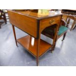AN EDWARDIAN SATINWOOD AND INLAID TWO TIER DROP LEAF SUPPER TABLE WITH FRIEZE DRAWER. W.71 x H.