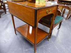 AN EDWARDIAN SATINWOOD AND INLAID TWO TIER DROP LEAF SUPPER TABLE WITH FRIEZE DRAWER. W.71 x H.