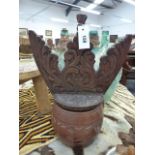 A CARVED WOOD LARGE TANKARD WITH ELABORATE COVER, POSSIBLY SCANDINAVIAN.