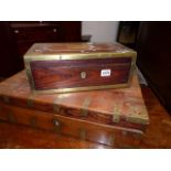 TWO ANTIQUE COLONIAL BRASS BOUND HARDWOOD DESK BOXES.