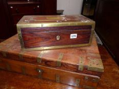 TWO ANTIQUE COLONIAL BRASS BOUND HARDWOOD DESK BOXES.