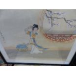 CHINESE SCHOOL. TWO WATERCOLOURS ON SILK OF MAIDENS WITH CHARACTER MARKS AND SEALS. 31 x 38cms. (2)
