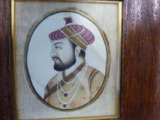 FOUR VINTAGE OVAL MINIATURE PAINTINGS, THREE OF SAILING SHIPS, THE OTHER OF AN INDO-PERSIAN