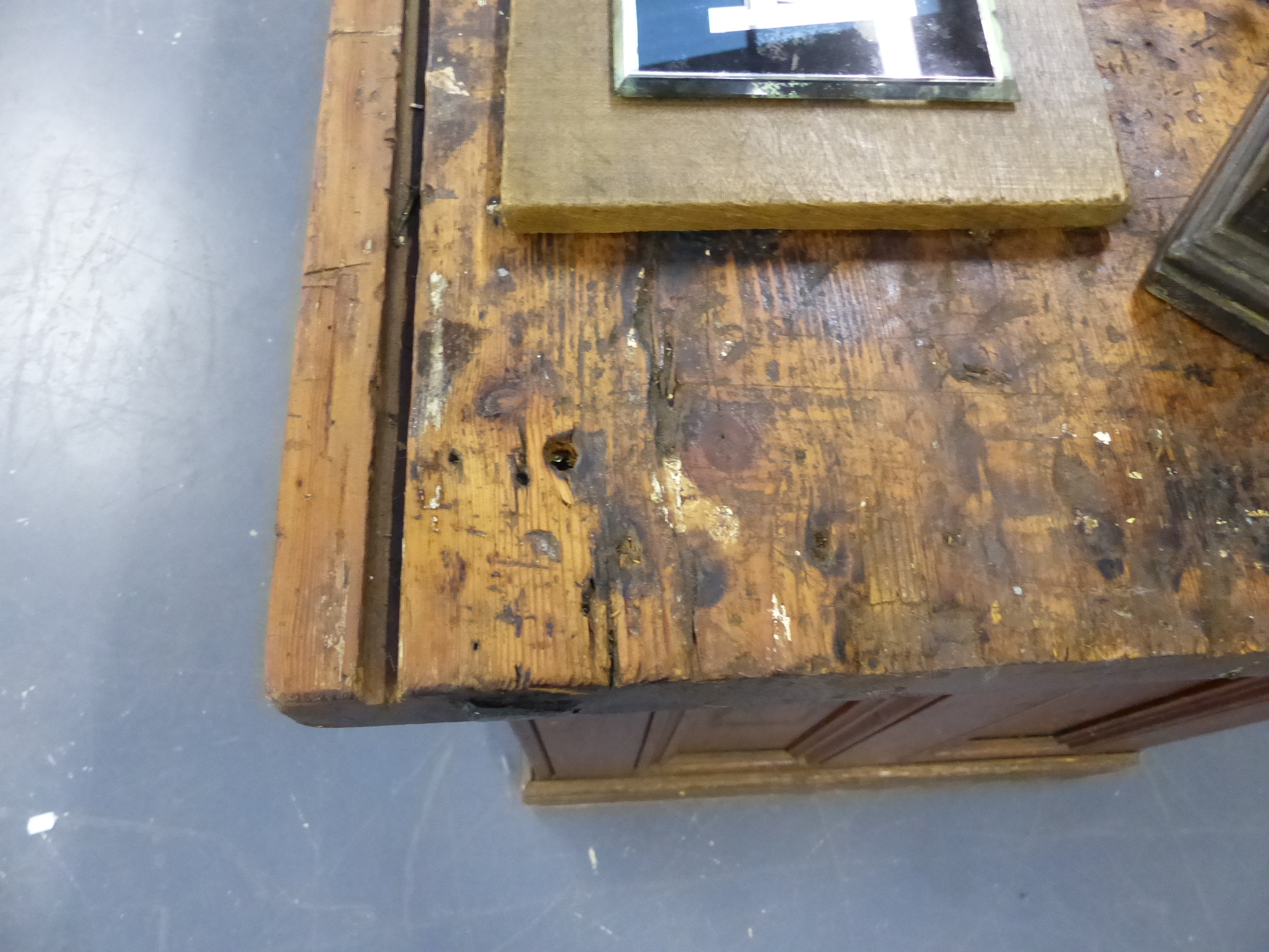 AN ANTIQUE PINE SHOP COUNTER WITH SIX GLAZED PANEL DOORS ENCLOSING SHELVES. W.244 x D.68 x H.83cms. - Image 9 of 16