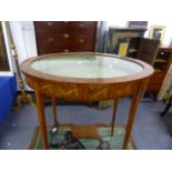 AN EDWARDIAN SHERATON STYLE SATINWOOD AND PAINT DECORATED BIJOUTERIE TABLE. W.65cms.