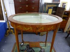 AN EDWARDIAN SHERATON STYLE SATINWOOD AND PAINT DECORATED BIJOUTERIE TABLE. W.65cms.